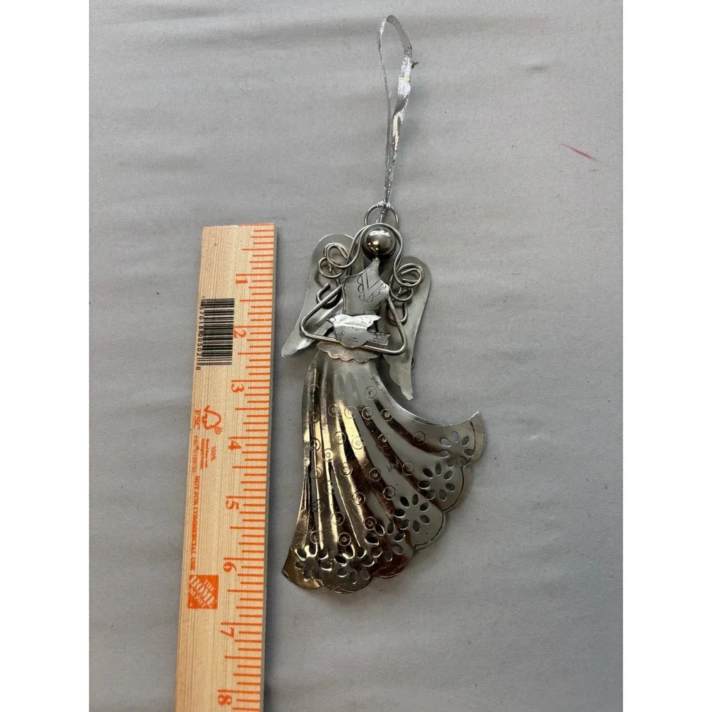 Silver Metal Angel Christmas Ornament Wirework Perforated Skirt Bird Detail 5in